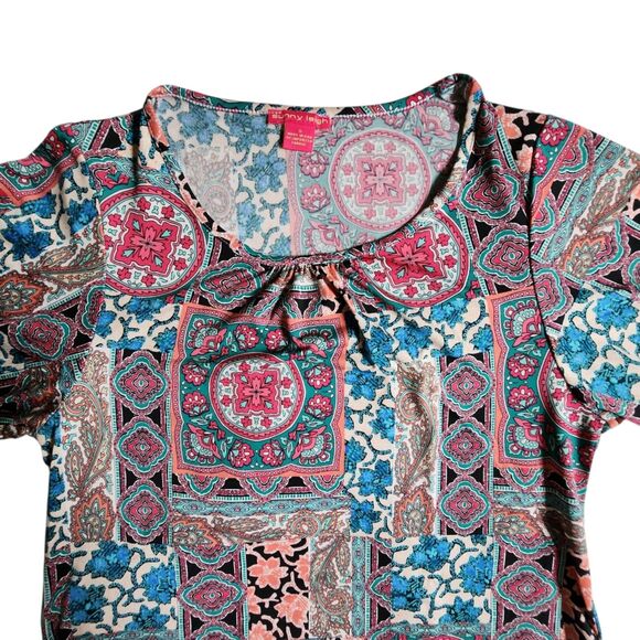 Sunny Leigh Pink Teal Multi Color Boho Patchwork Bandana Print Top sz S - Picture 3 of 10